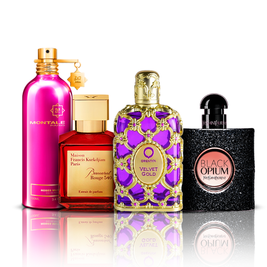 Zestaw 4 Perfum | Orientica Velvet Gold + Baccarat Rouge + Black Opium + Montale Roses Musk 100 ml